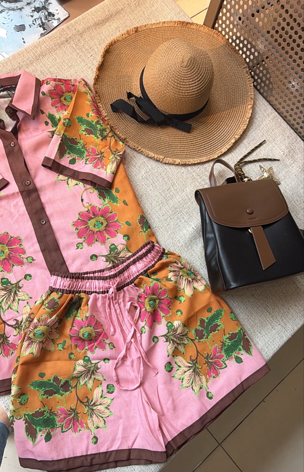 Pink Floral Spliced Linen Button-Up Shirt and Shorts Set