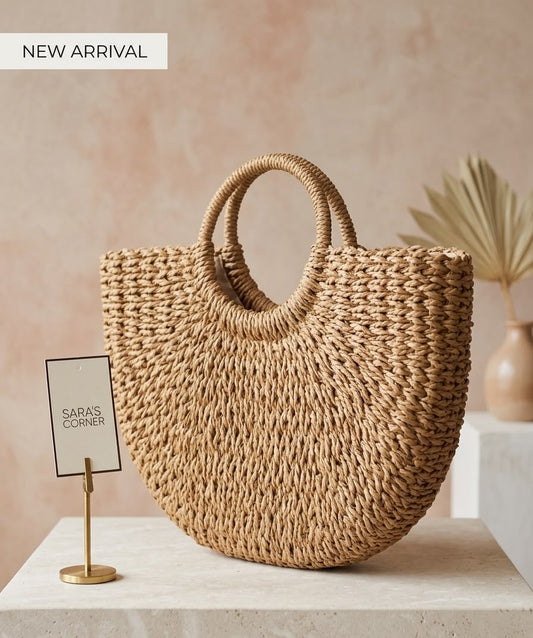 Carmela Half-Moon Woven Straw Bag