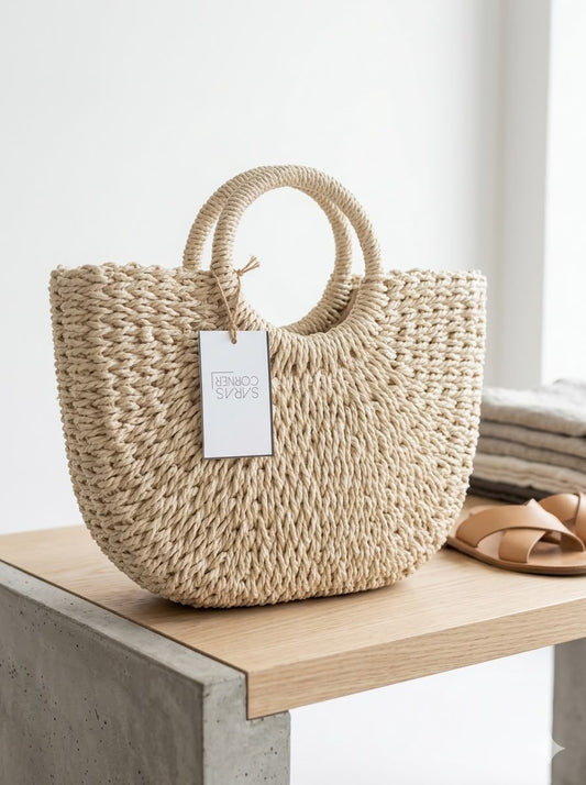 Handwoven Straw Crescent Bag