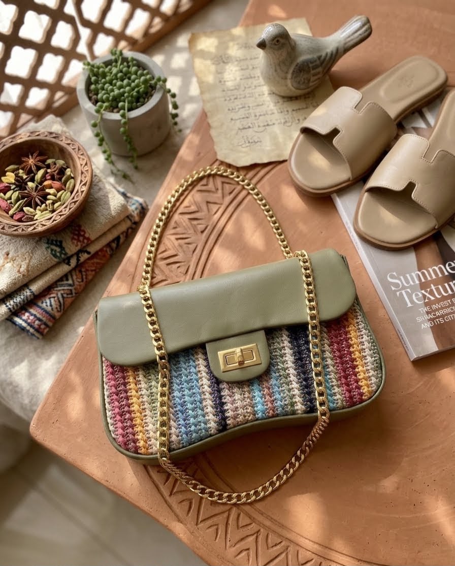 Women's Multicolor Woven Crossbody Bag with Gold chain