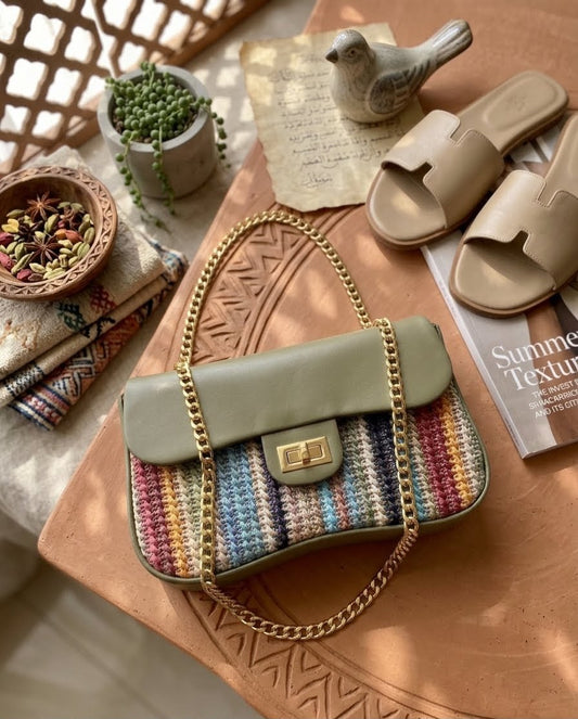 Women's Multicolor Woven Crossbody Bag with Gold chain