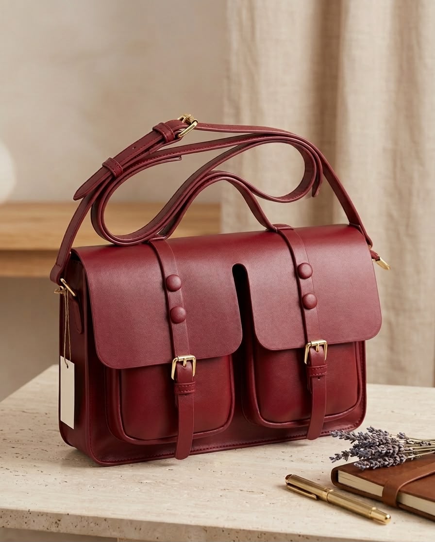 A burgundy leather satchel bag with a top handle, shoulder strap, and two front flap pockets with gold-tone buckles, styled on a light stone surface with a notebook, pen, and dried lavender.