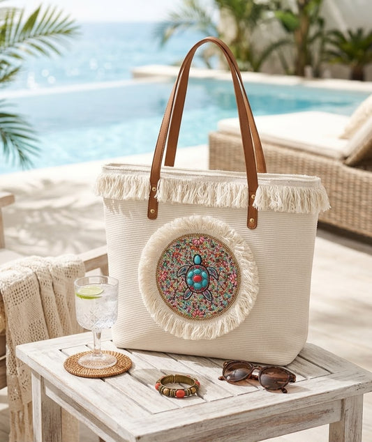 Boho Tote with Embroidered Sea Turtle & Leather Straps