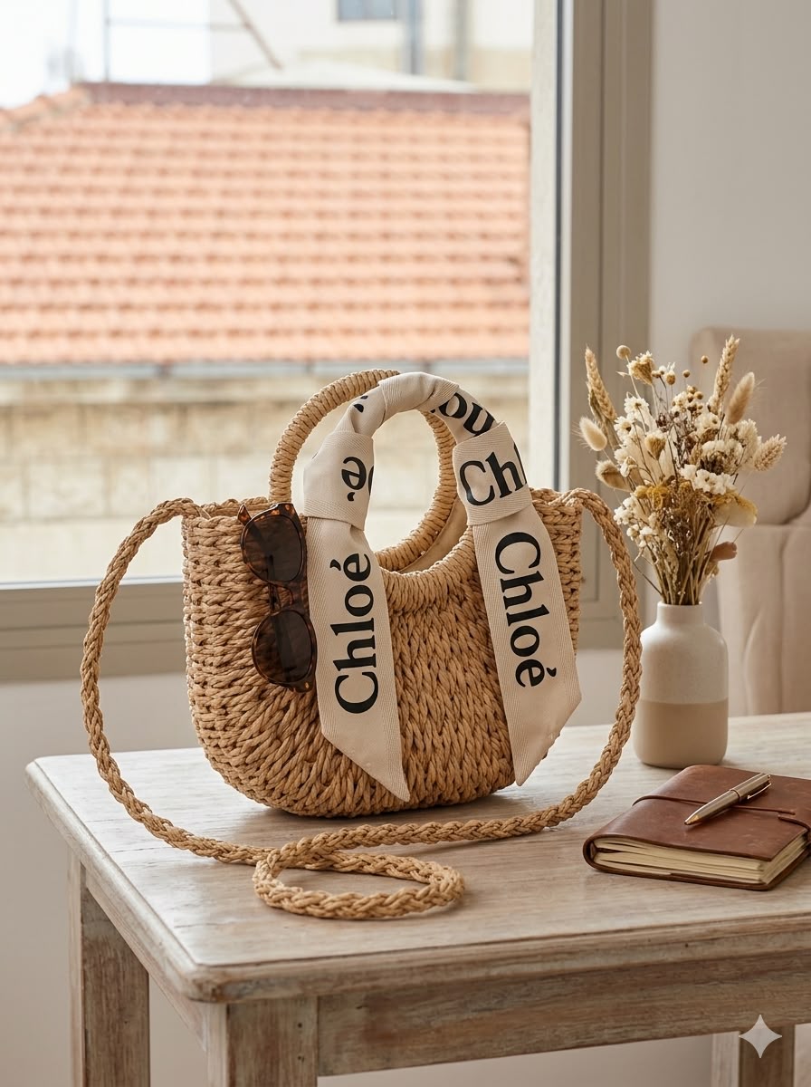 Chloe Style Woven Bag with Logo Ribbon Handles