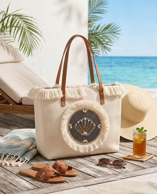 Boho Tote Bag with Beaded Seashell