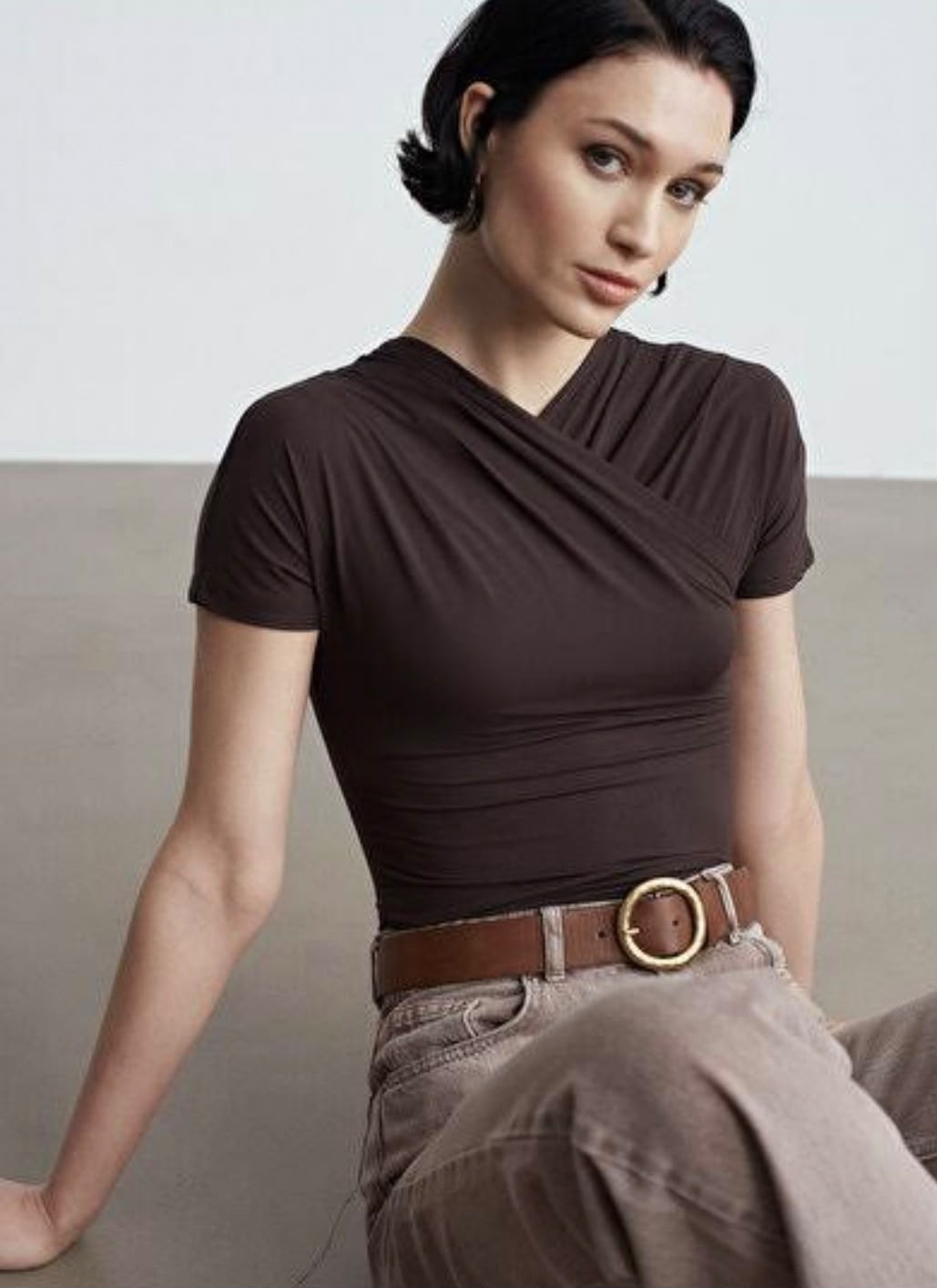 Black Crossover Pleated Neckline Short Sleeve Top