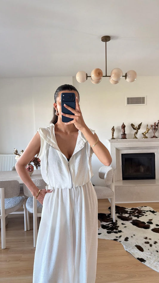 White Hooded Vest and Elastic Waist Shalvar Pants