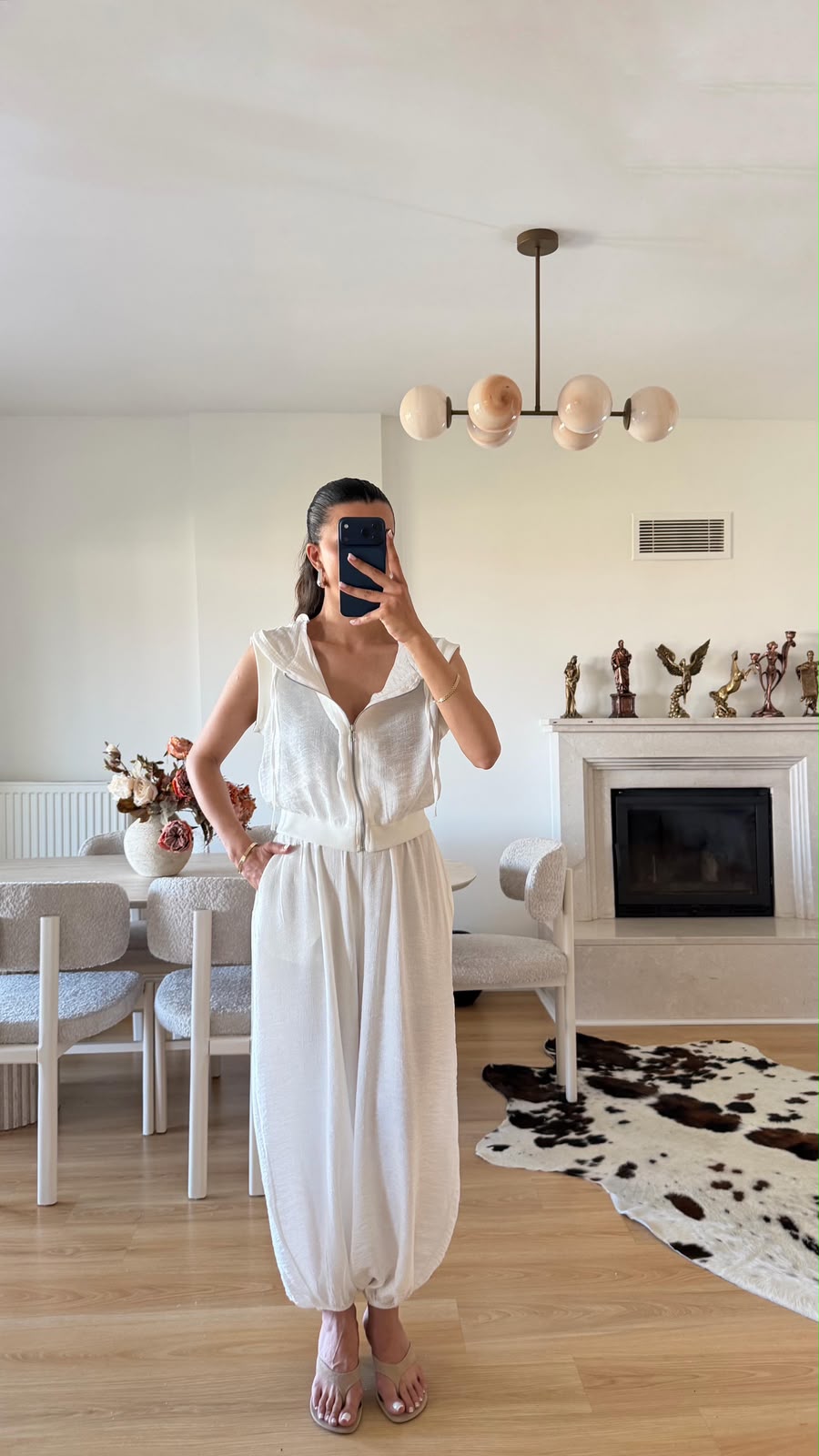 White Hooded Vest and Elastic Waist Shalvar Pants