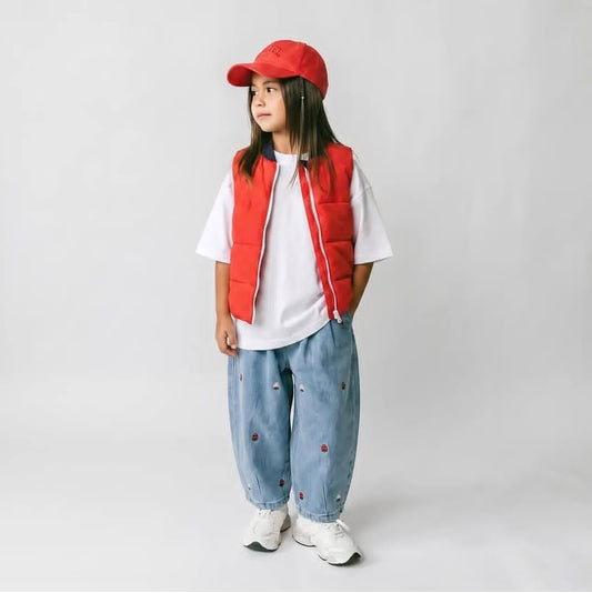 Kids' Outfit Set – Red Puffer Vest, White Tee, Jeans & Cap