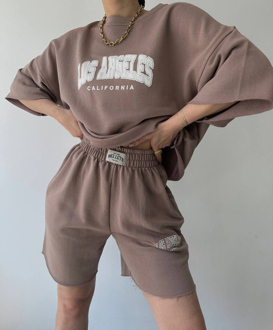 Women's Oversized Mocha Brown "Los Angeles" T-shirt and Shorts Loungewear Set