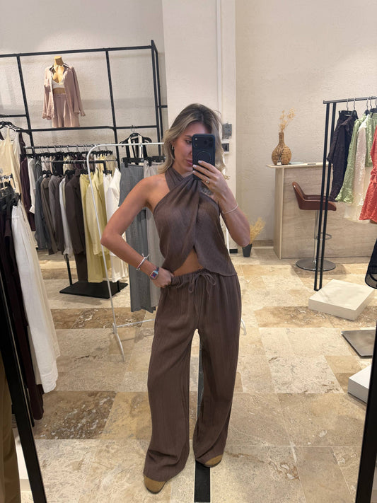 Brown Linen Crossover Neck Pleated Top and Pants Set
