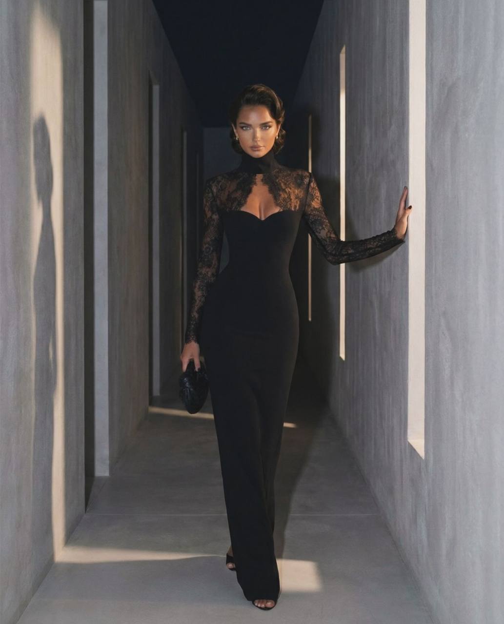 Long Sleeve Lace Mock-Neck Evening Maxi Dress