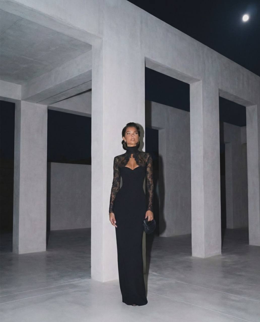 Long Sleeve Lace Mock-Neck Evening Maxi Dress