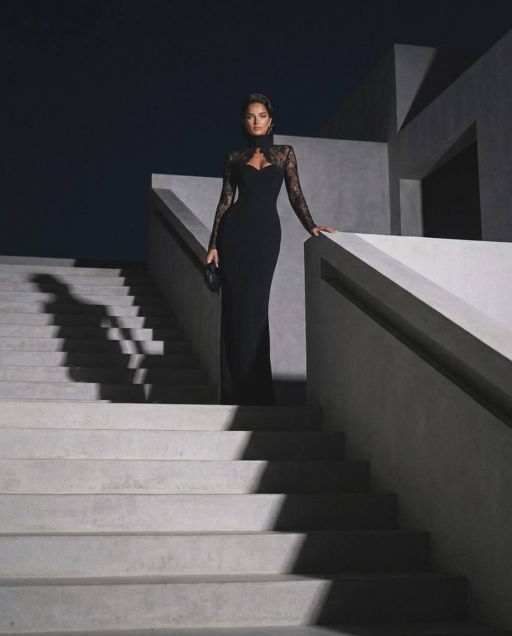 Long Sleeve Lace Mock-Neck Evening Maxi Dress