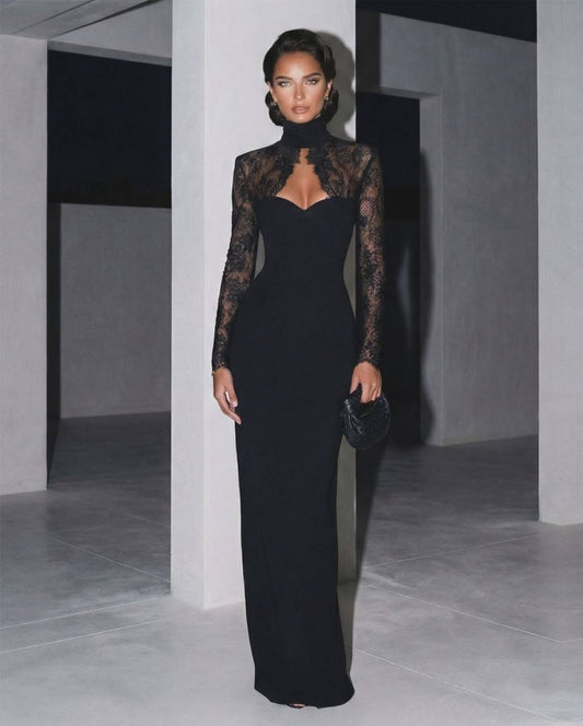High-Neck Lace Long-Sleeve Black Maxi Dress