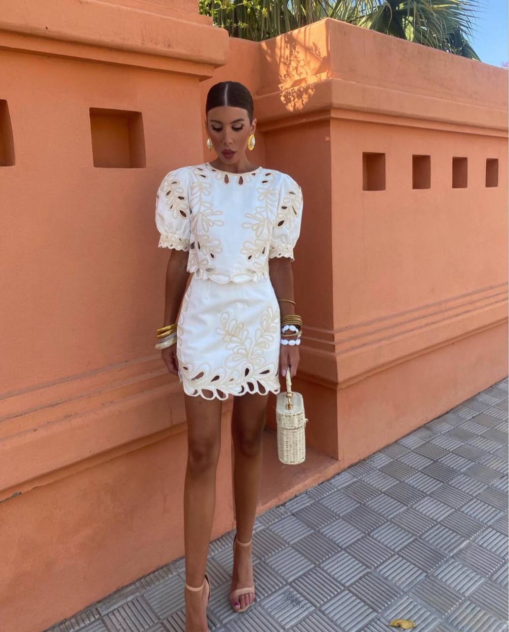 Off-White Embroidered Eyelet Skirt and Puff Sleve Top Set