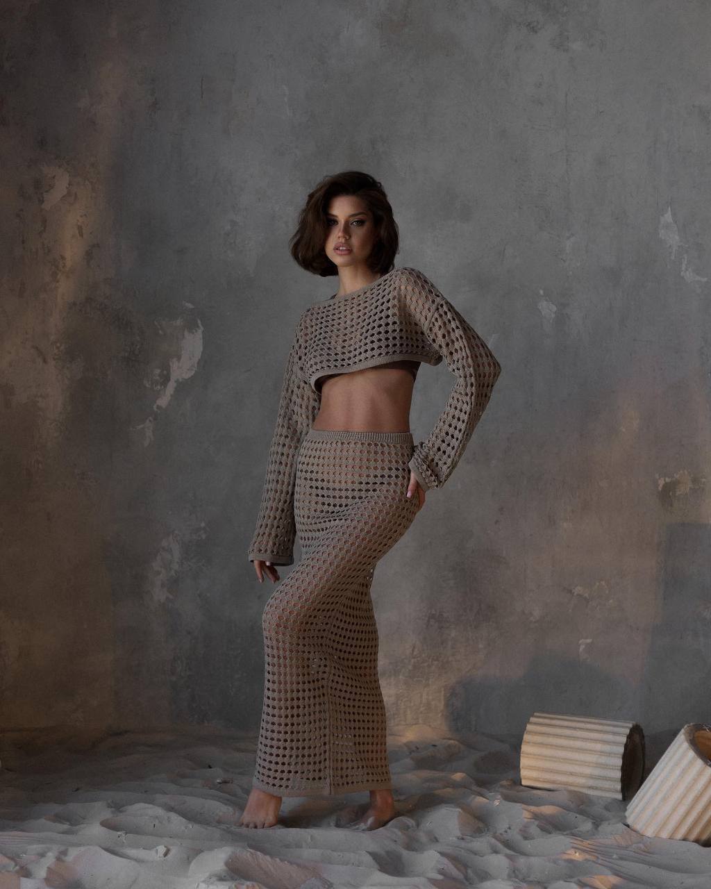 Beach Cover-up Crochet Knit Crop Top and Maxi Skirt