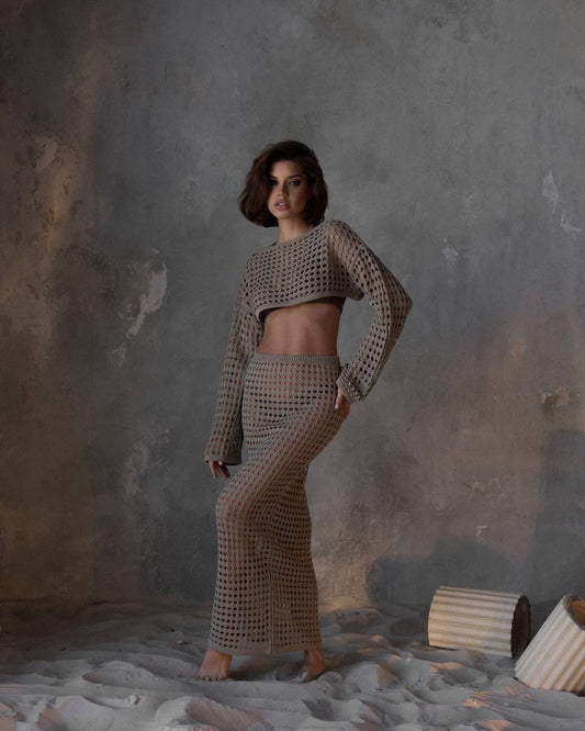 Beach Cover-up Crochet Knit Crop Top and Maxi Skirt