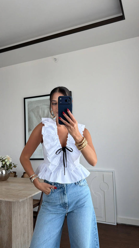 White Ruffle Sleeveless V-Neck Contrast with Front Ribbon Tie