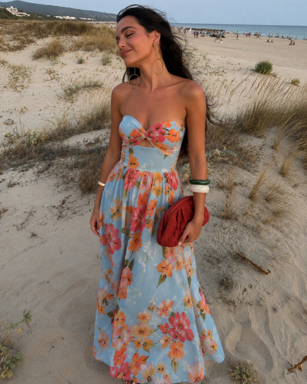 Strapless Floral Midi-Dress in Light Blue