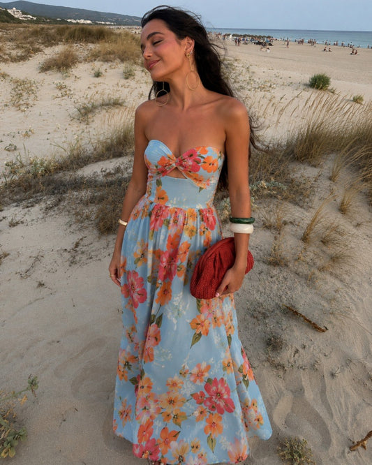 Strapless Floral Midi-Dress in Light Blue
