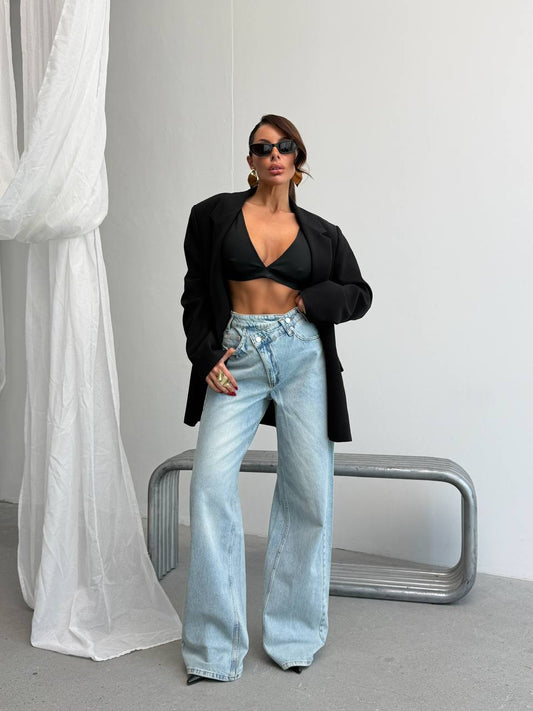 Asymmetric Crossover Waist Wide-Leg Jeans