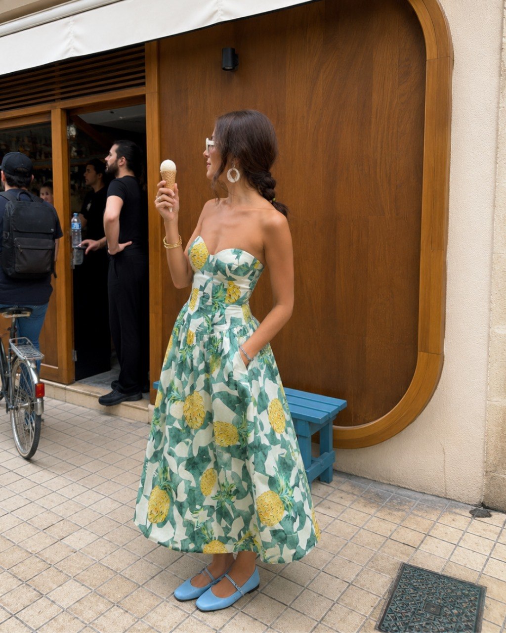 Strapless Fruit Print Midi-Dress