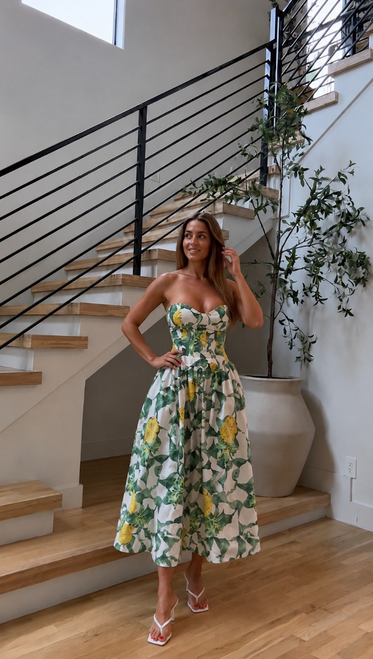 Strapless Fruit Print Midi-Dress