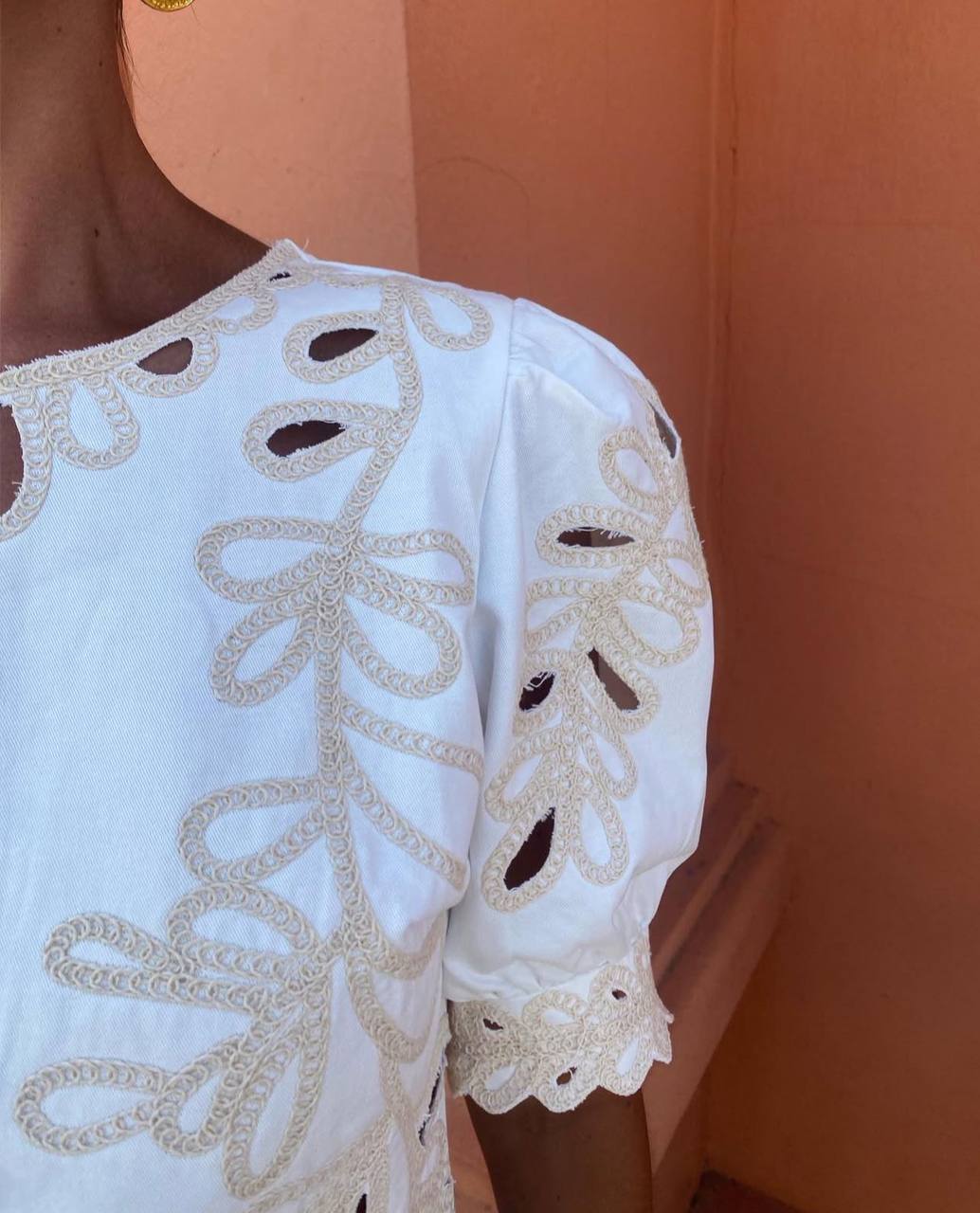 Off-White Embroidered Eyelet Skirt and Puff Sleve Top Set