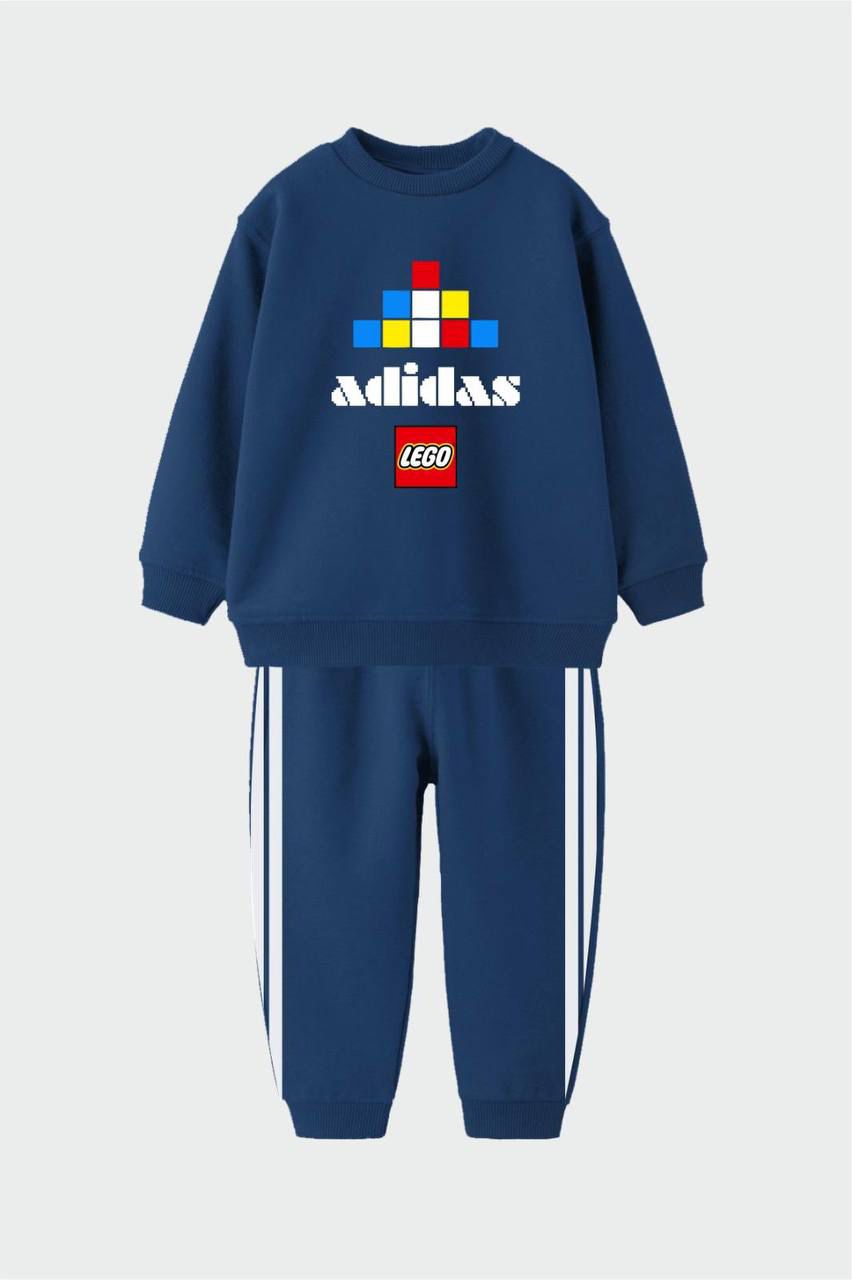 Dark Blue Sweater with Lego Brick Graphic and Matching Pants Signature White Adidas Stripes