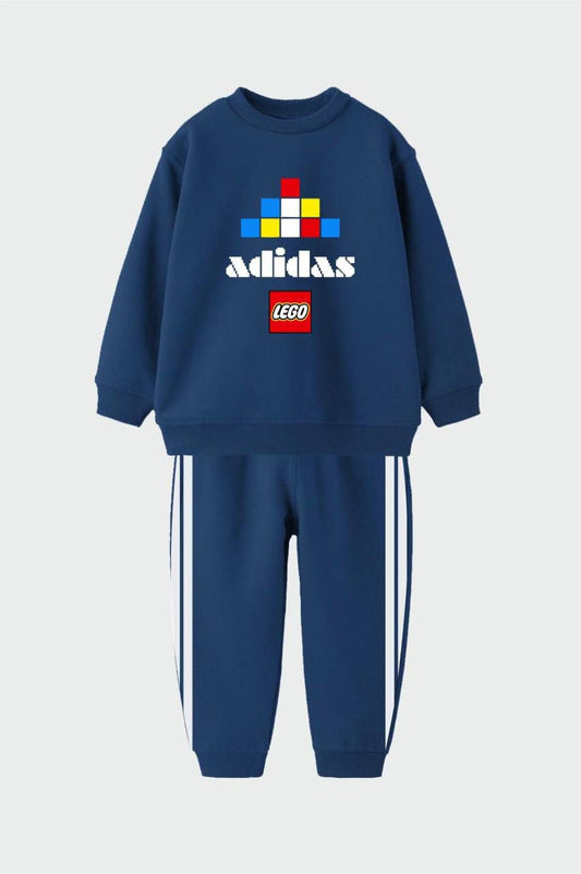 Dark Blue Sweater with Lego Brick Graphic and Matching Pants Signature White Adidas Stripes