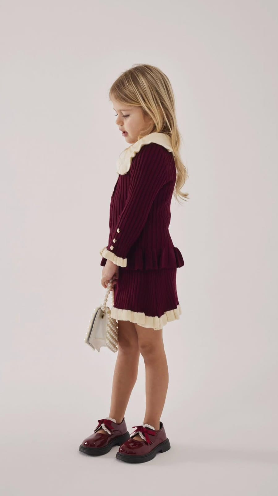 Girls Burgundy Triko Set - sweater with collar and skirt