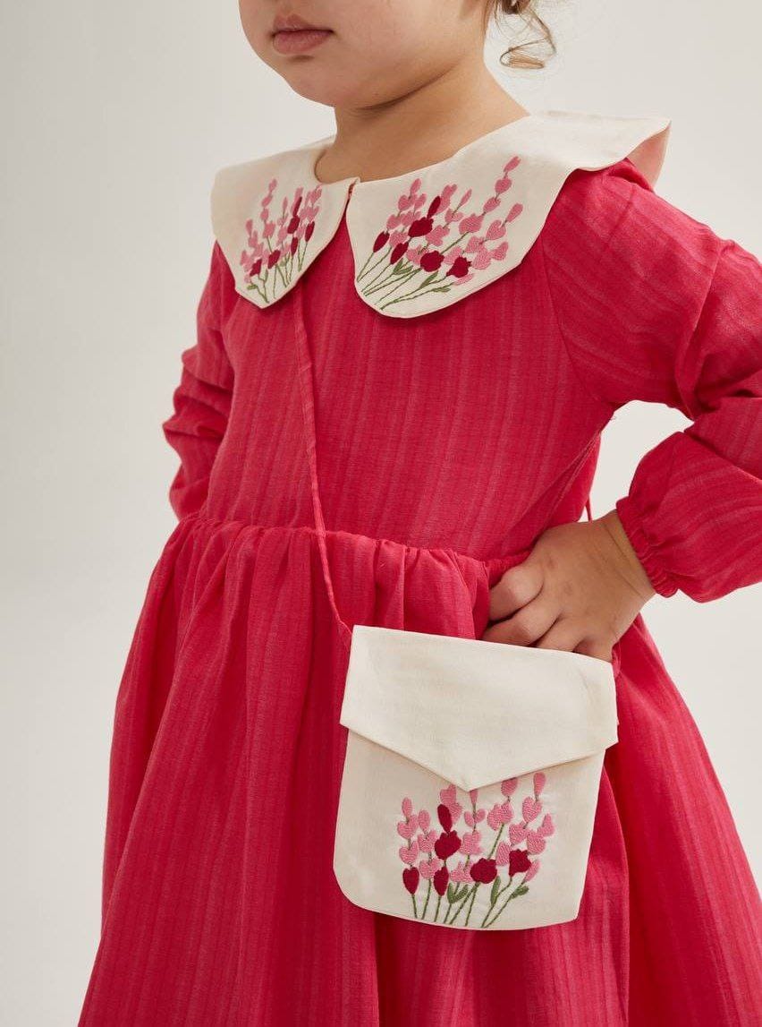 Rose Pink Floral Dress with embroidered collar and bag