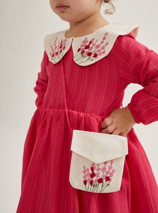 Rose Pink Floral Dress with embroidered collar and bag