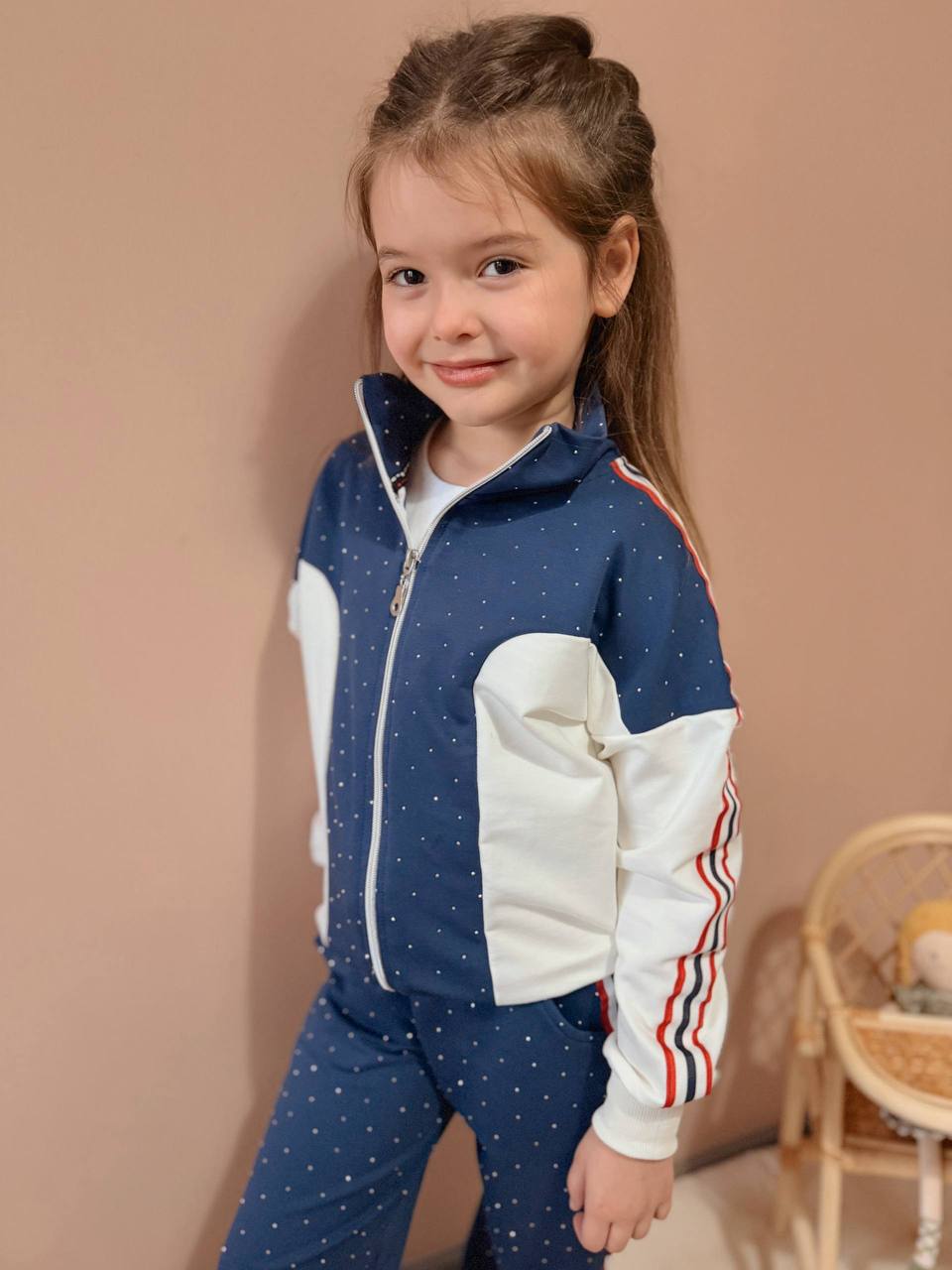Stone Print Fabric Striped Zippered Girls Tracksuit Set
