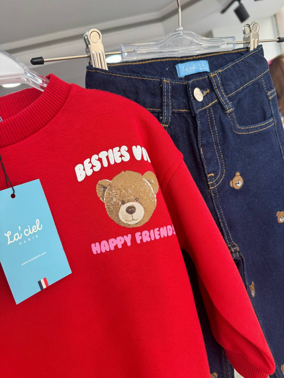 Laciel Paris teddy Print Sweatshirt with Embroidered Denim Jeans Set