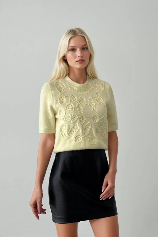 Butter Yellow Sweater Half Sleeves with Embroidery