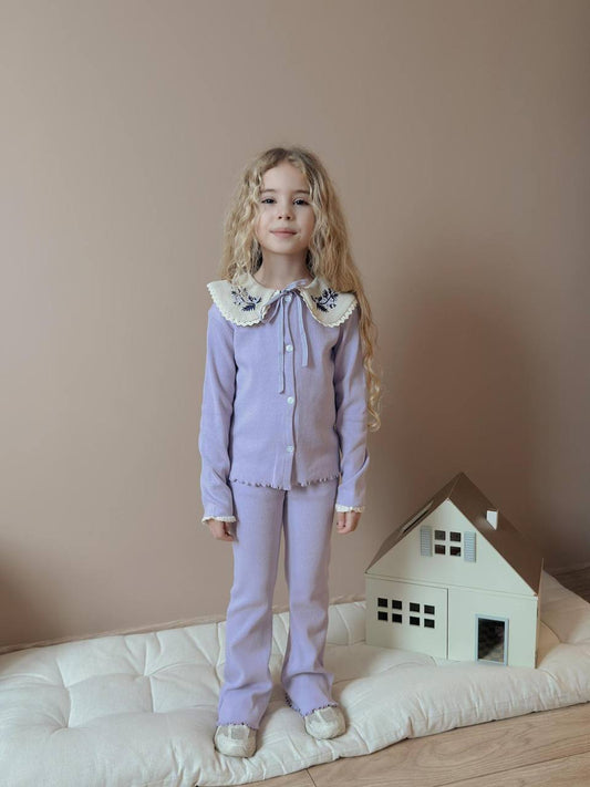 Girls' Collar ribbed Fabric Two-Thread Seasonal Corded Leggings Stylish Set