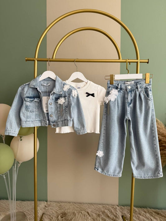 Girls 3 Piece Casual Jeans Set - Denim with White flowers