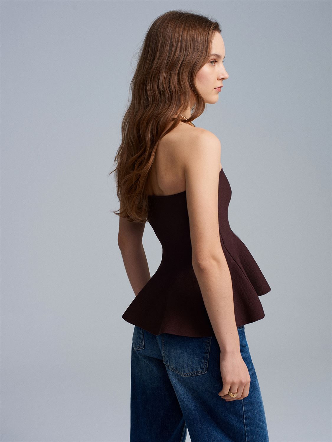 Strapless Peplum Knitwear Top in Coffee Brown