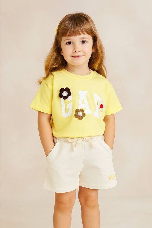 GAP Girls Set - Yellow Top with Embroidered Flowers and Shorts