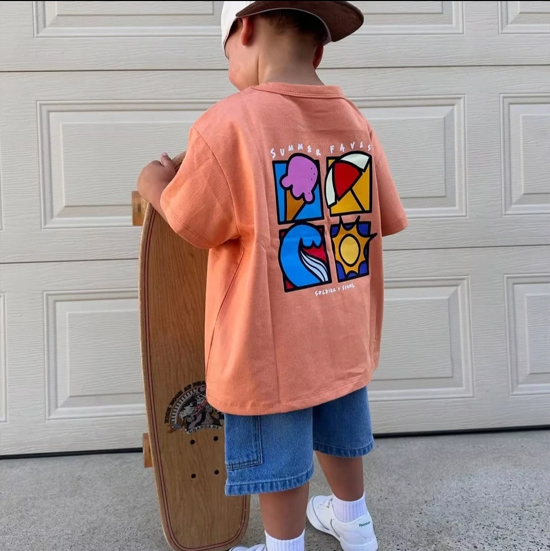 Pre-Order Spring Trendy Boy Outfit - Short Sleeve Print t-Shirt and Denim Shorts