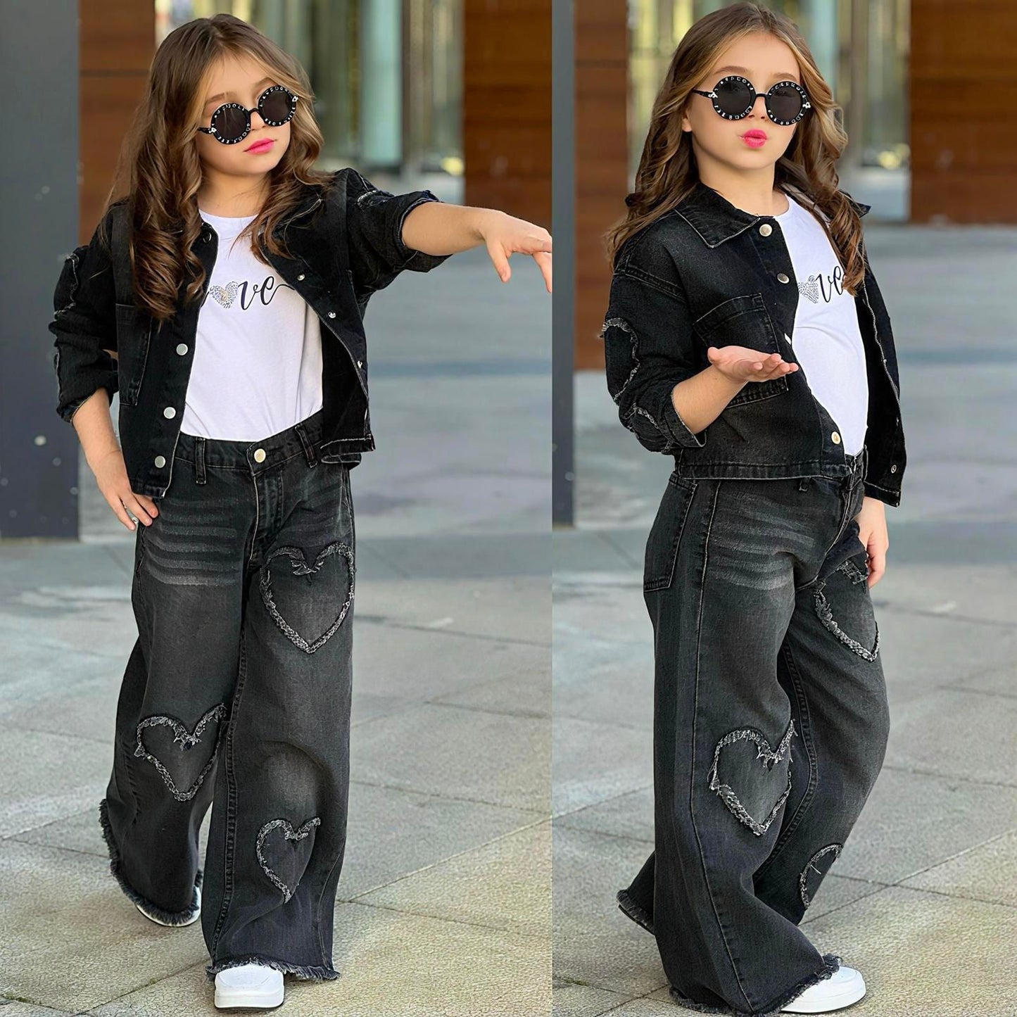 Washed Black Denim Jacket and Jeans Featuring Heart Detail with Matching White T-shirt
