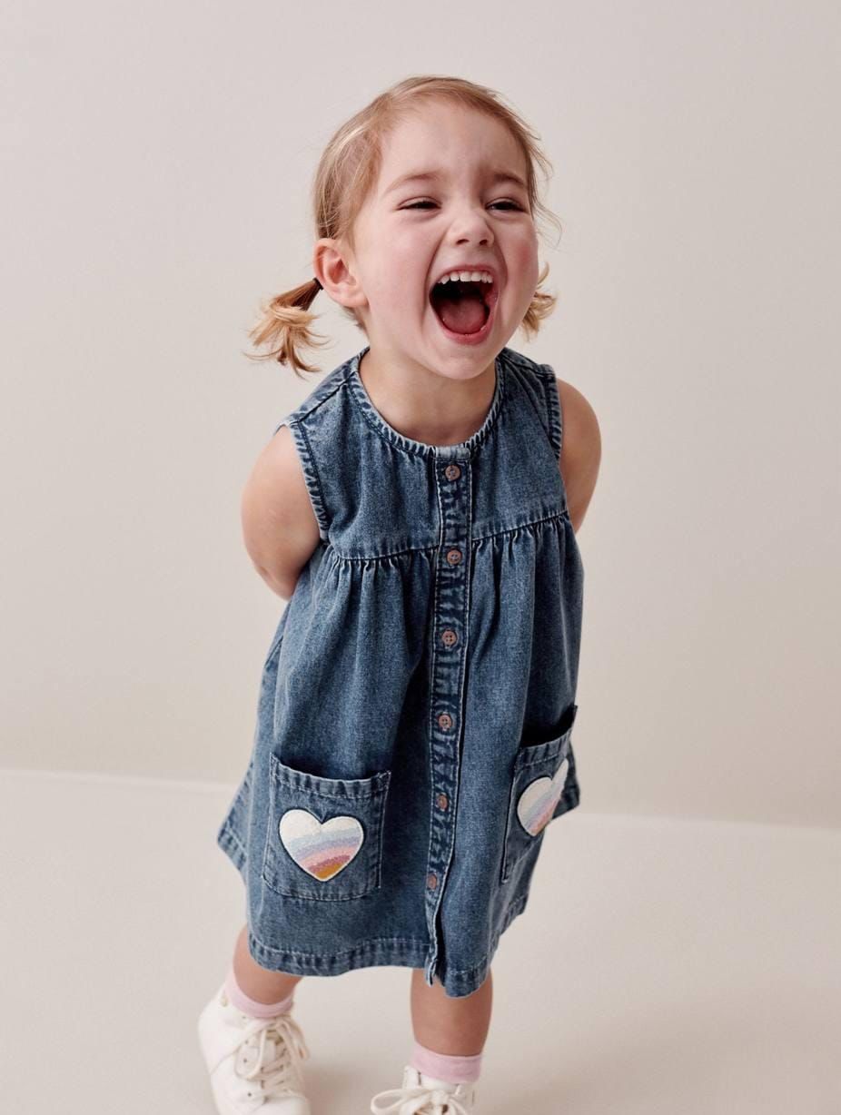 Blue Denim Sleeveless Dress with Rainbow Heart Detail