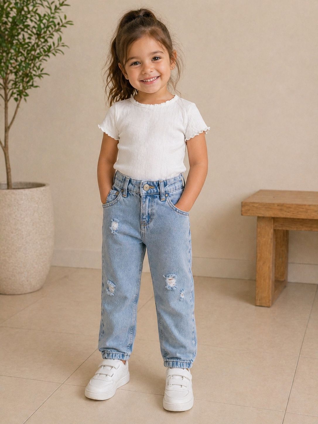 Girls Light Wash Jeans with Ripped Detail & Comfortable Fit