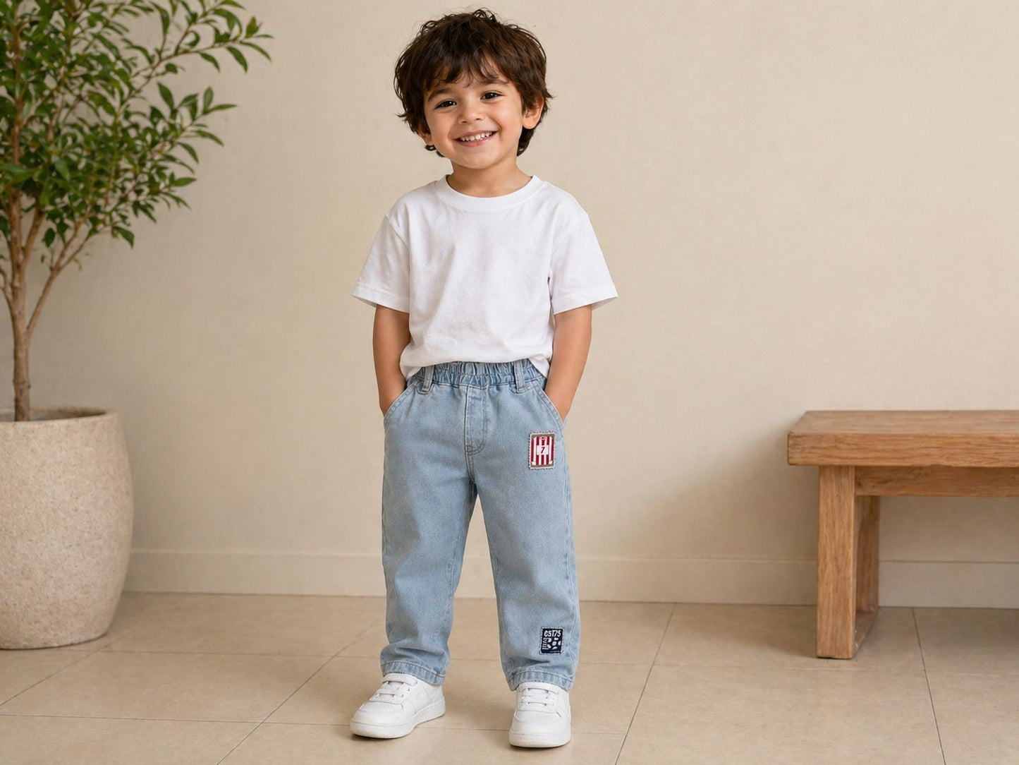 Boys’ Casual Light Blue Elastic Waist Jeans