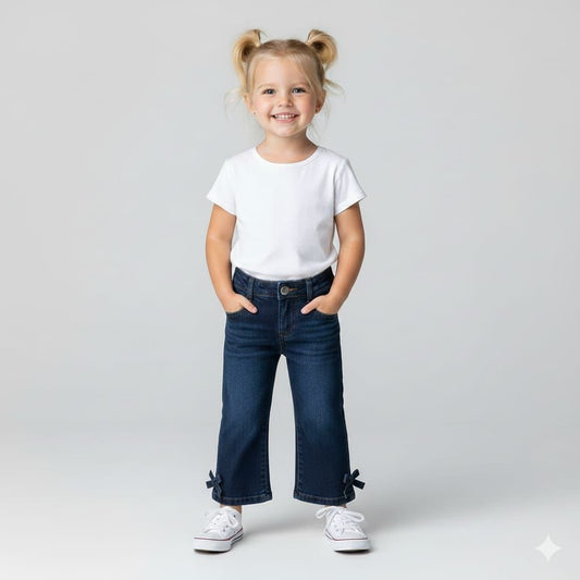 Girls’ Dark Wash Wide-Leg Denim with Bow Detail