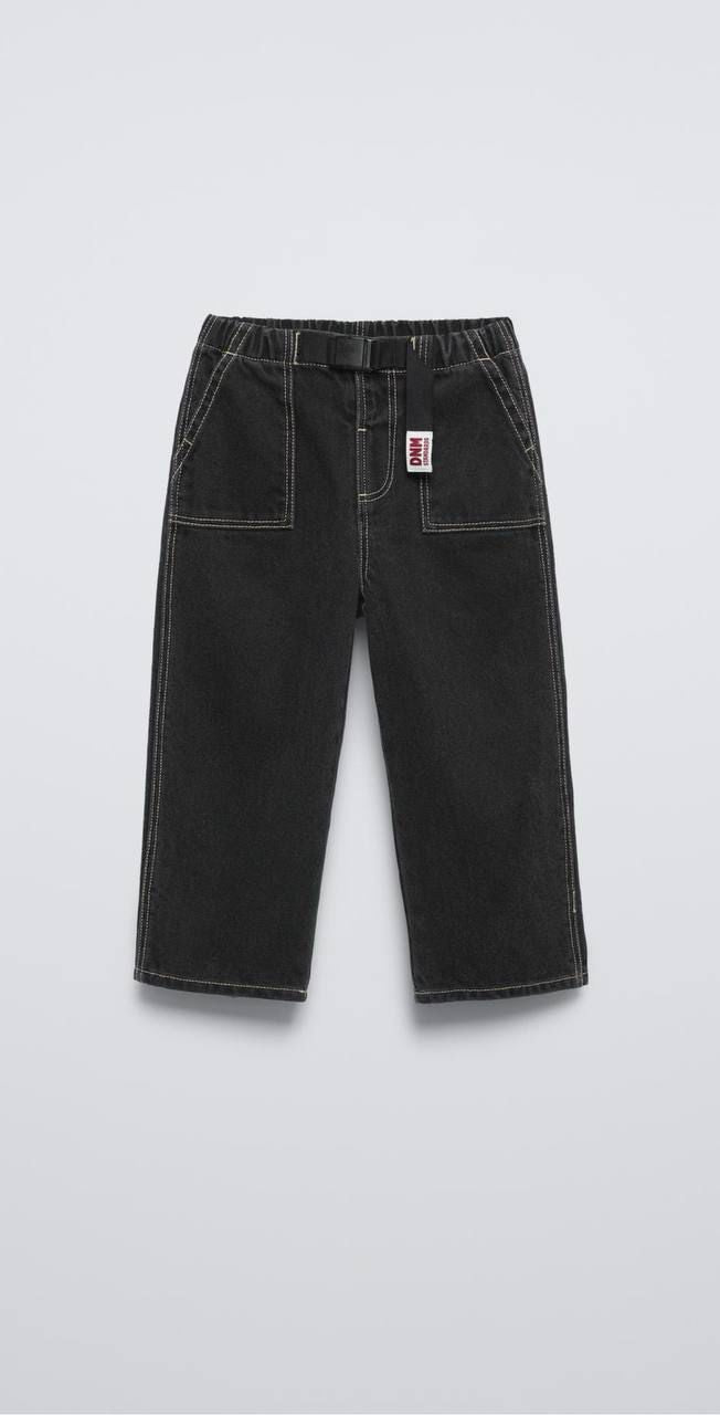 Black Denim Relaxed Pants with Utility Buckle