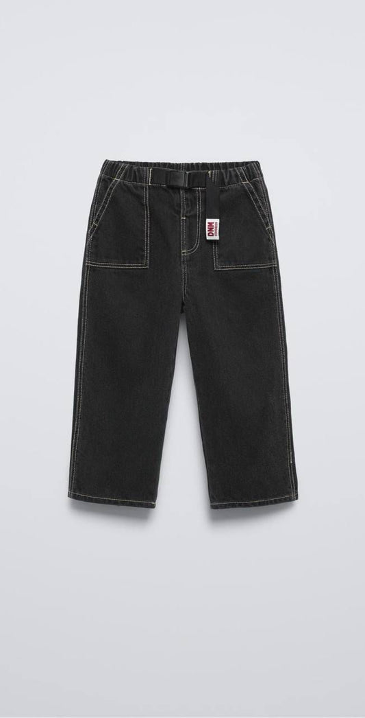 Black Denim Relaxed Pants with Utility Buckle