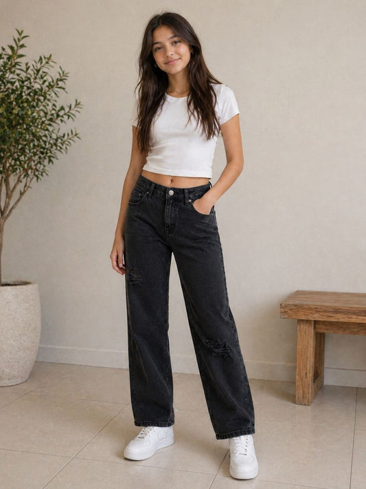 Black Ripped Wide-Leg Jeans